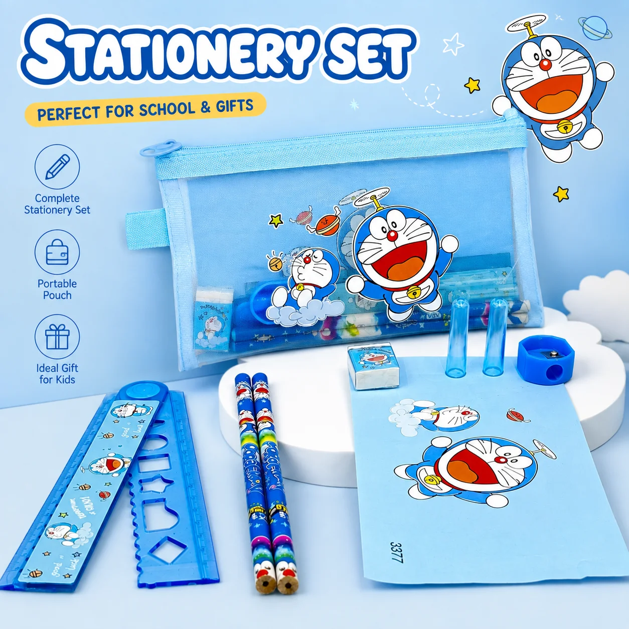 かわいい青い猫のキャラクターが描かれた子供用文具セット。鉛筆 - Stationery Supplier のレビューと価格